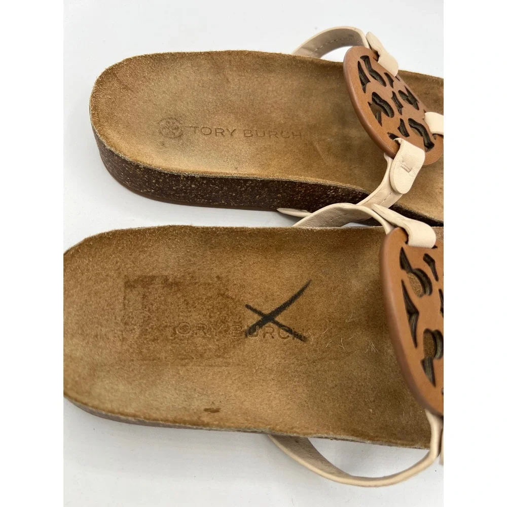 Tory Burch Miller Cloud Leather Thong Sandals Brown Cream Cork Insole Sz 10 EUC
